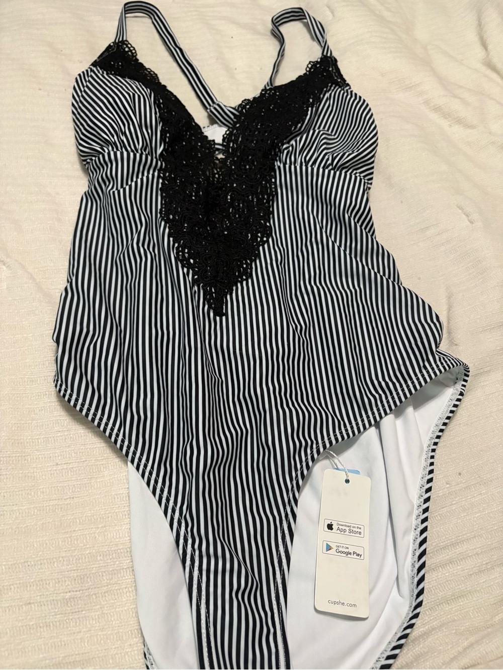 Cupshe Black & White Striped One-Piece Swimsuit with Black Lace V